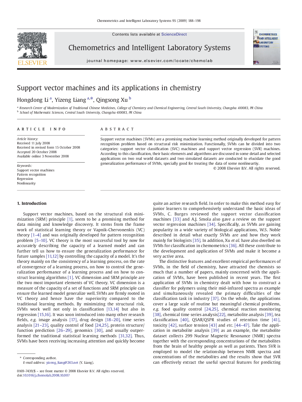عکس صفحه اول مقاله: Support vector machines and its applications in chemistry Support vector machines and its applications in chemistry