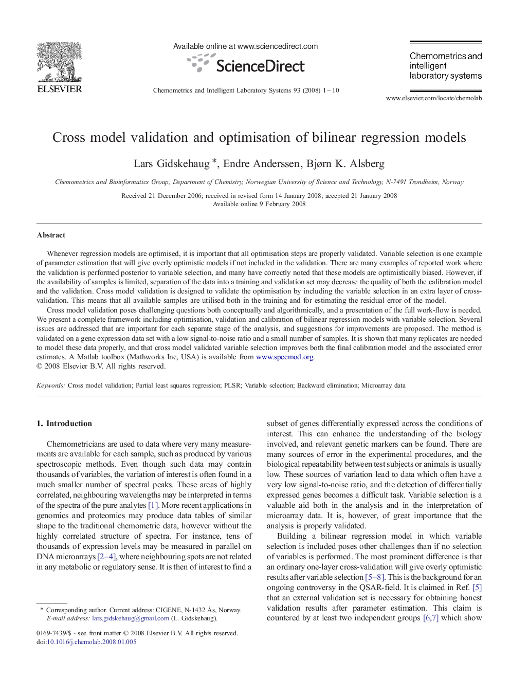 Cross model validation and optimisation of bilinear regression models