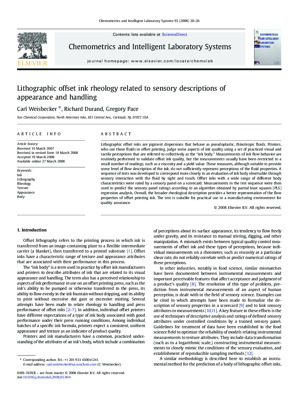 Lithographic offset ink rheology related to sensory descriptions of appearance and handling