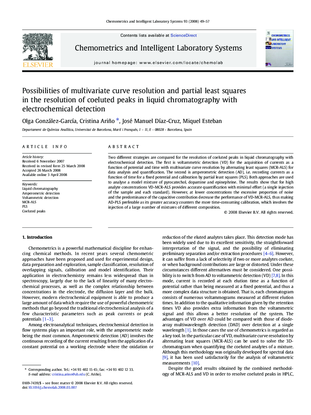 Possibilities of multivariate curve resolution and partial least squares in the resolution of coeluted peaks in liquid chromatography with electrochemical detection