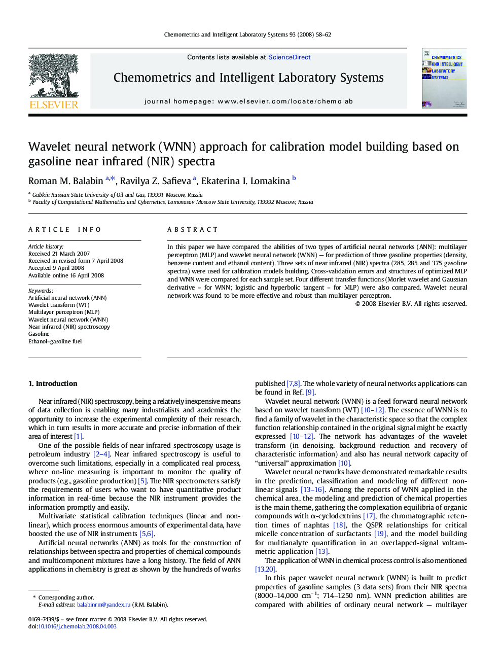 Wavelet neural network (WNN) approach for calibration model building based on gasoline near infrared (NIR) spectra