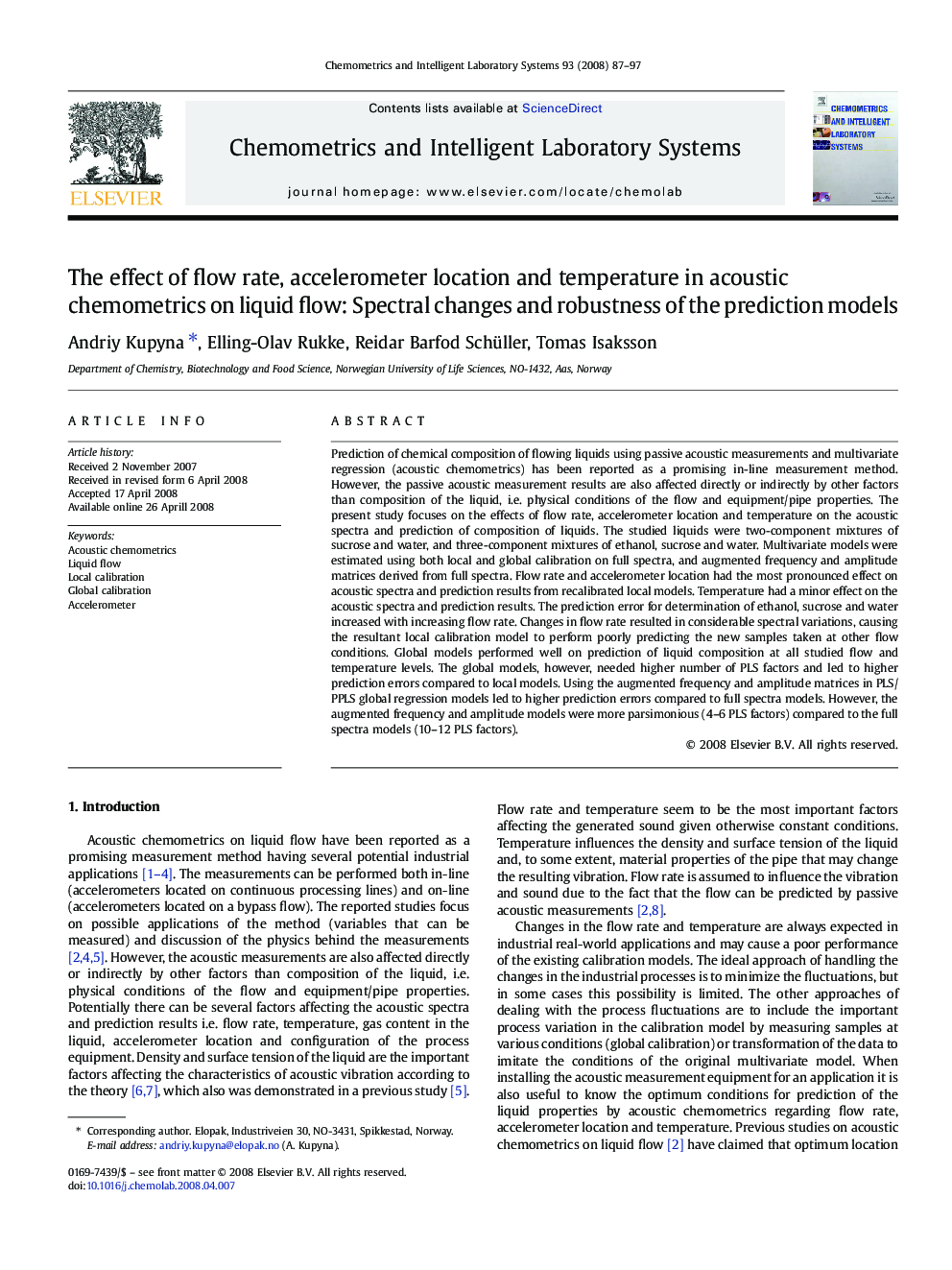 The effect of flow rate, accelerometer location and temperature in acoustic chemometrics on liquid flow: Spectral changes and robustness of the prediction models