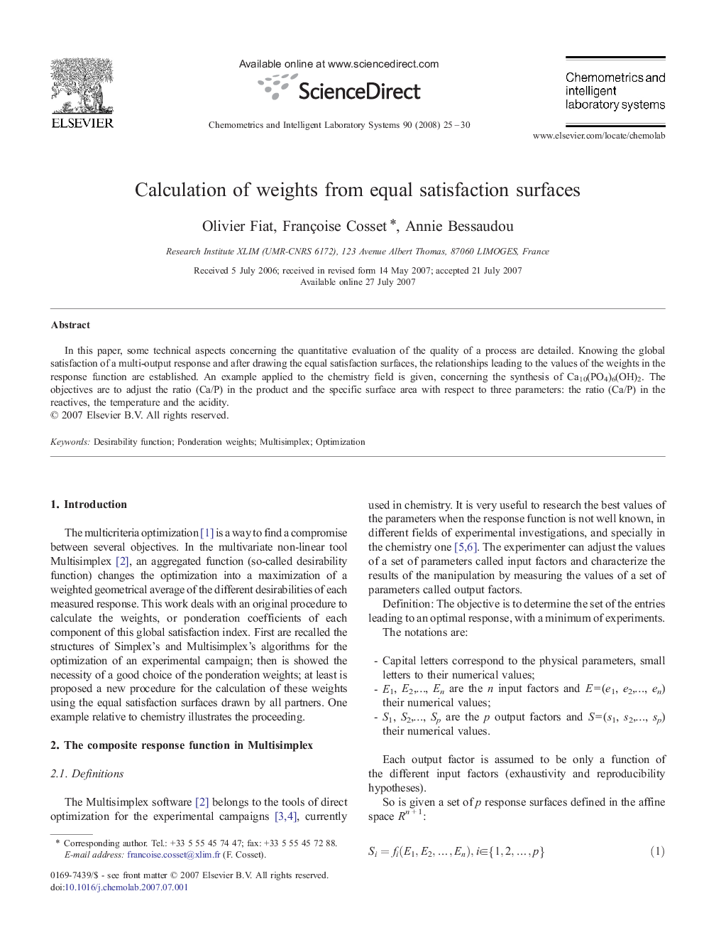 Calculation of weights from equal satisfaction surfaces