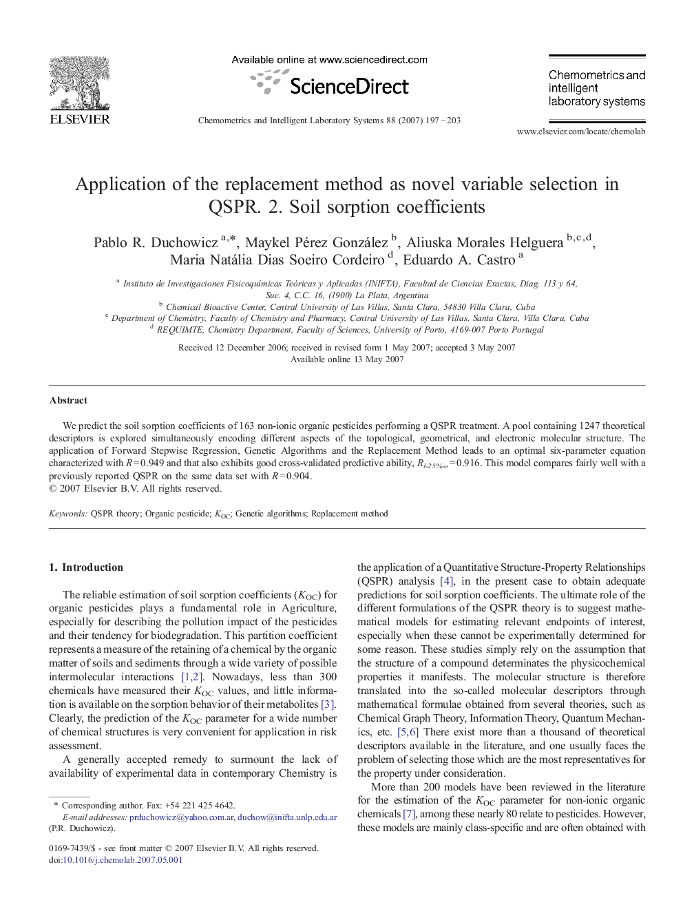 Application of the replacement method as novel variable selection in QSPR. 2. Soil sorption coefficients