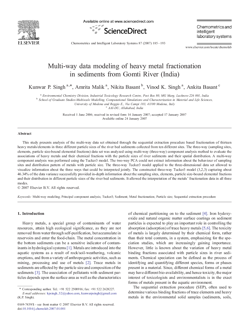 Multi-way data modeling of heavy metal fractionation in sediments from Gomti River (India)