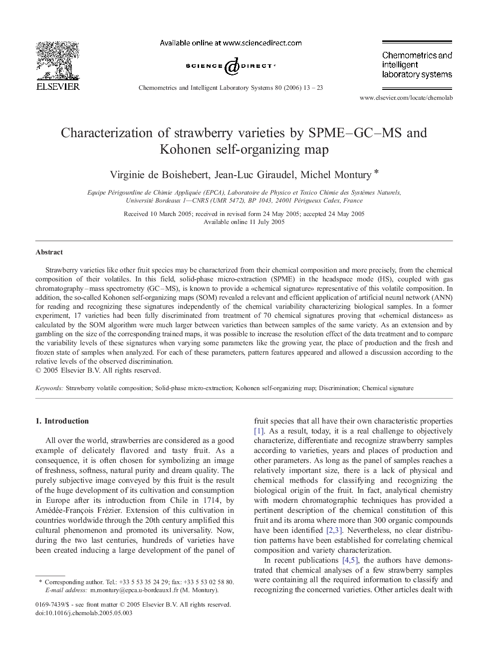 Characterization of strawberry varieties by SPME–GC–MS and Kohonen self-organizing map