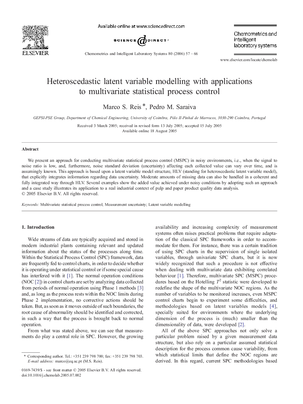 Heteroscedastic latent variable modelling with applications to multivariate statistical process control