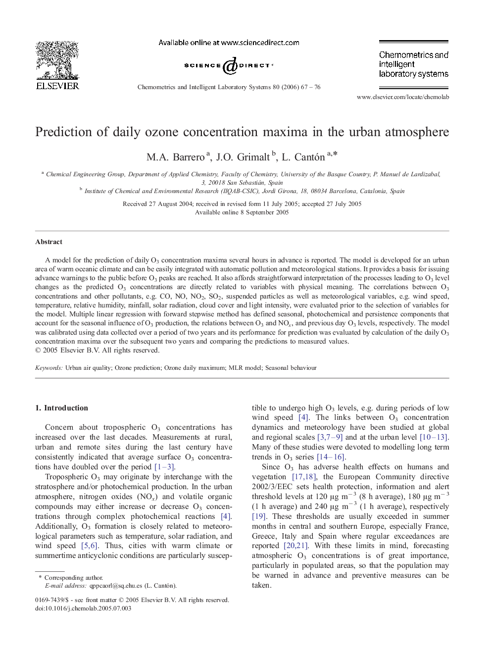 Prediction of daily ozone concentration maxima in the urban atmosphere