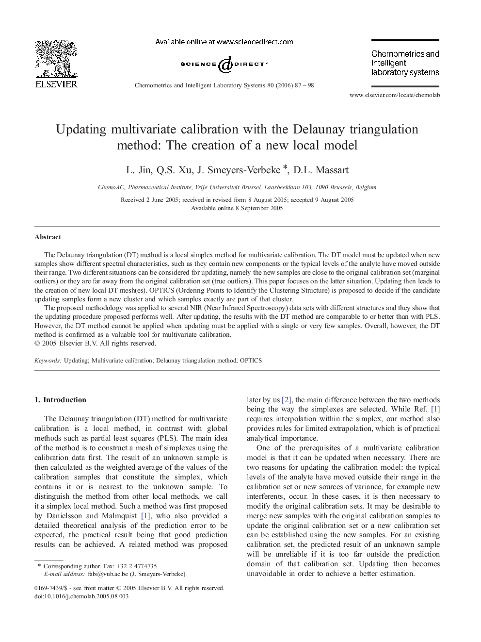 Updating multivariate calibration with the Delaunay triangulation method: The creation of a new local model