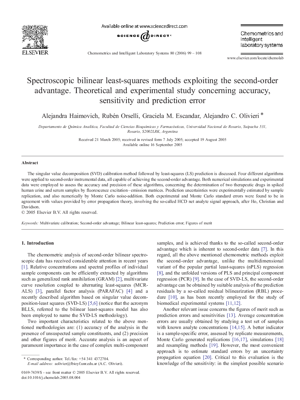 Spectroscopic bilinear least-squares methods exploiting the second-order advantage. Theoretical and experimental study concerning accuracy, sensitivity and prediction error