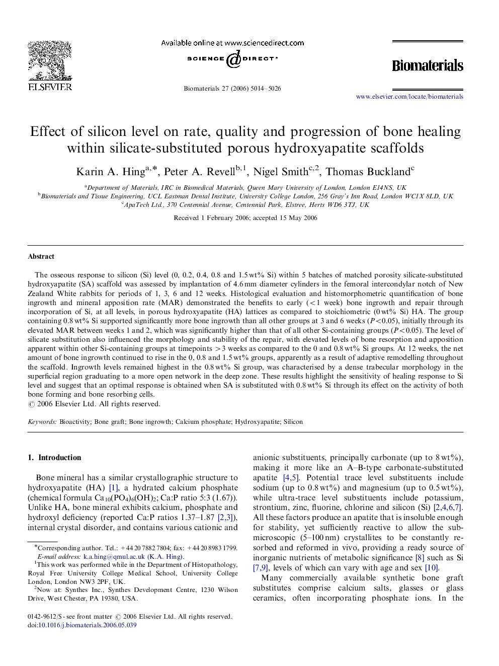 Effect of silicon level on rate, quality and progression of bone healing within silicate-substituted porous hydroxyapatite scaffolds