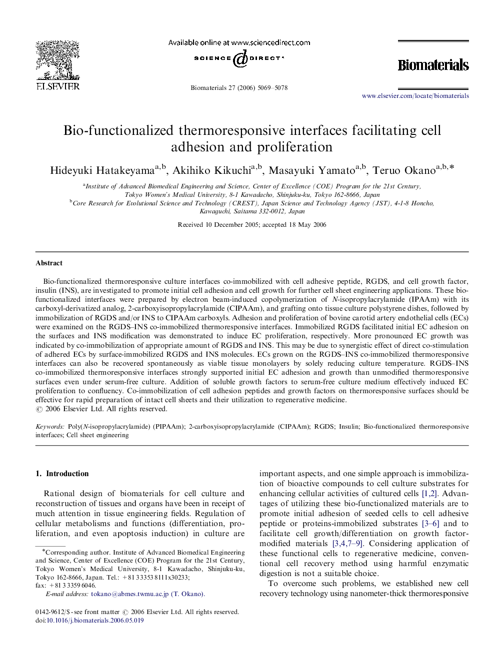 Bio-functionalized thermoresponsive interfaces facilitating cell adhesion and proliferation