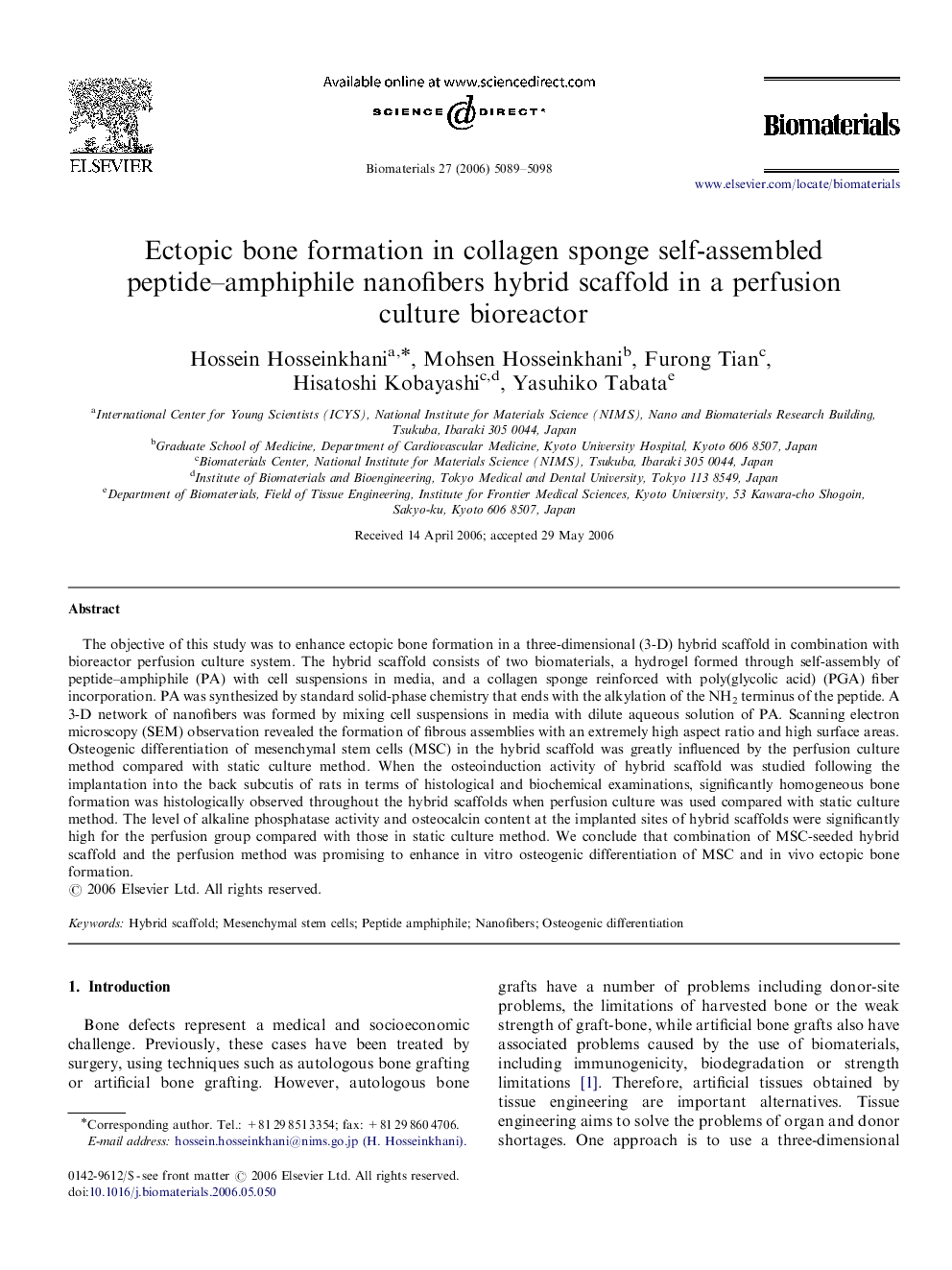 Ectopic bone formation in collagen sponge self-assembled peptide–amphiphile nanofibers hybrid scaffold in a perfusion culture bioreactor