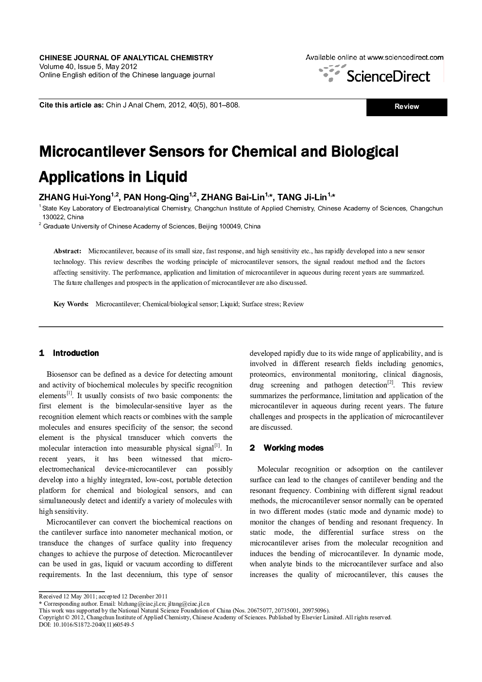 Microcantilever Sensors for Chemical and Biological Applications in Liquid 