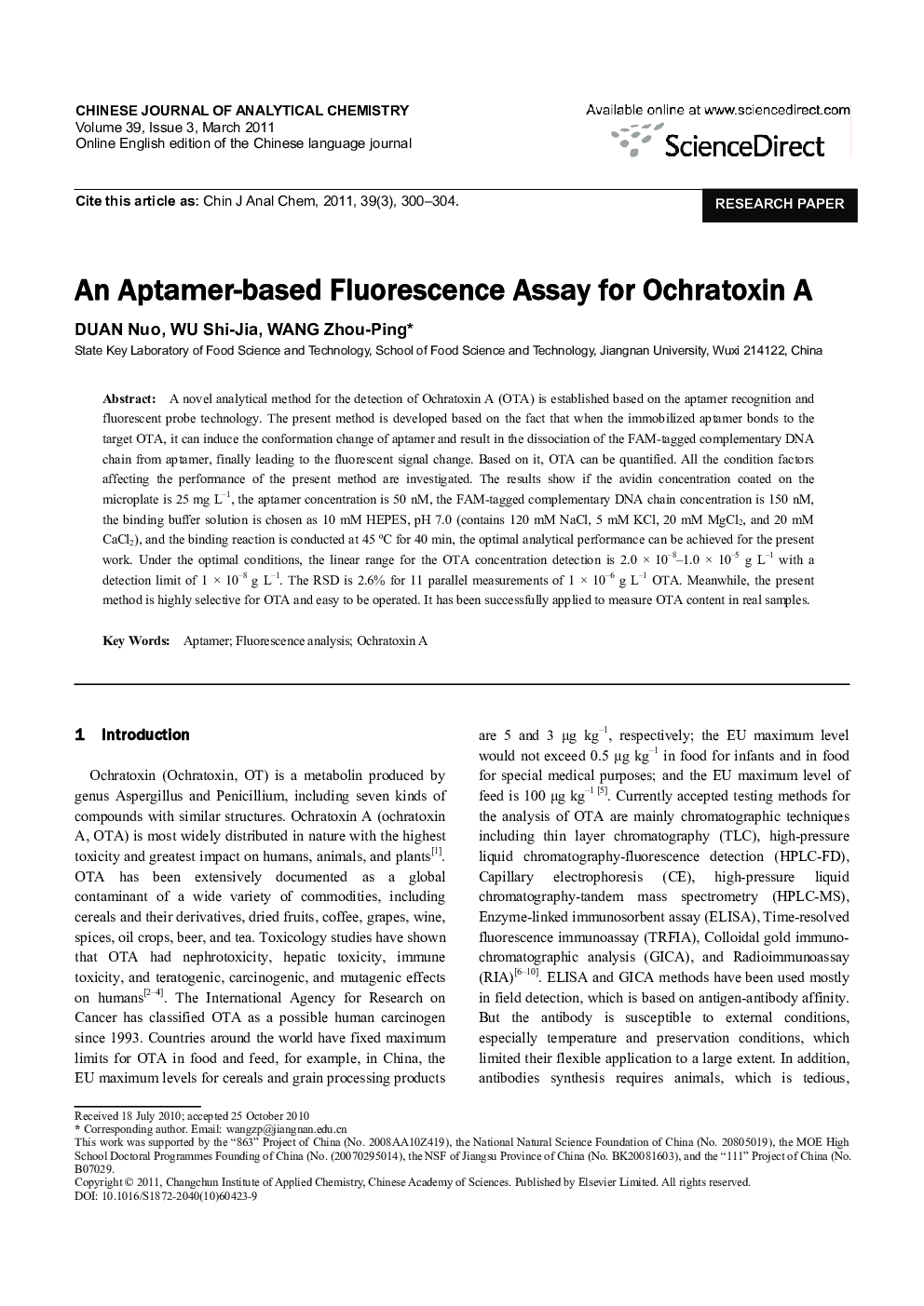 An Aptamer-based Fluorescence Assay for Ochratoxin A 