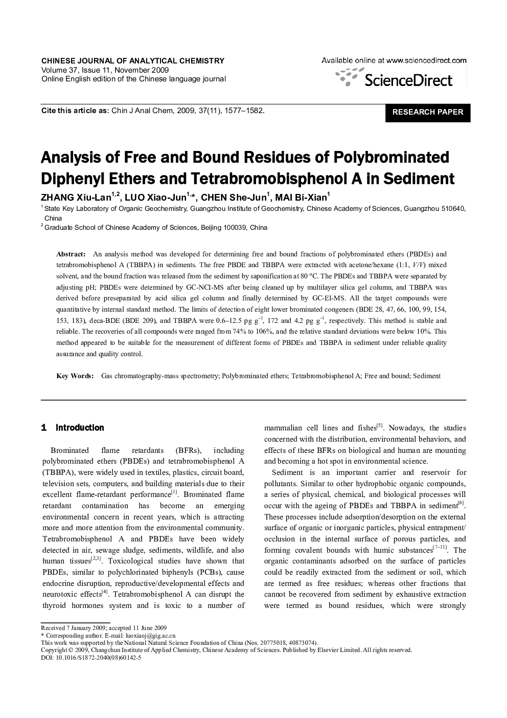 Analysis of Free and Bound Residues of Polybrominated Diphenyl Ethers and Tetrabromobisphenol A in Sediment 