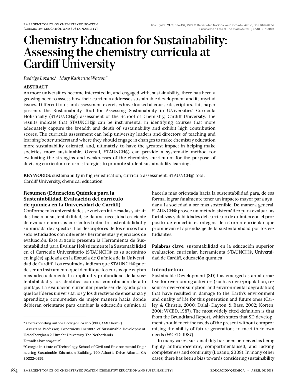 Chemistry Education for Sustainability: Assessing the chemistry curricula at Cardiff University