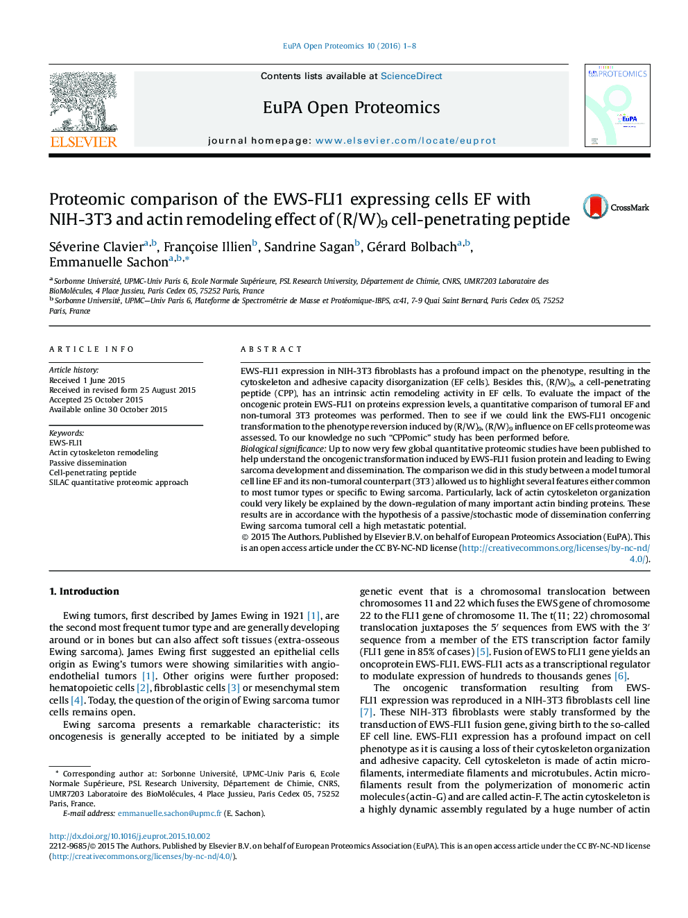 Proteomic comparison of the EWS-FLI1 expressing cells EF with NIH-3T3 and actin remodeling effect of (R/W)9 cell-penetrating peptide
