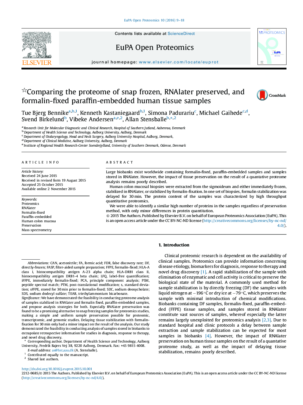 Comparing the proteome of snap frozen, RNAlater preserved, and formalin-fixed paraffin-embedded human tissue samples 