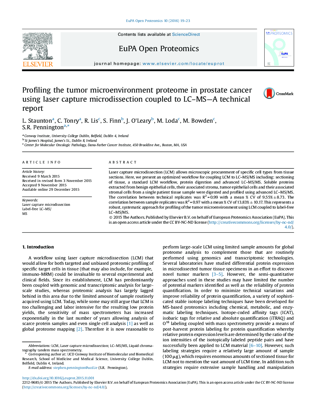 پروفایل بندی پروتئوم میکرومحیط تومور در سرطان پروستات با استفاده از میکرودیسکسیون ضبط لیزر همراه با LC-MS-A؛ گزارش فنی