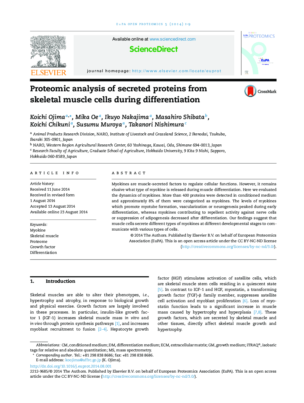 Proteomic analysis of secreted proteins from skeletal muscle cells during differentiation