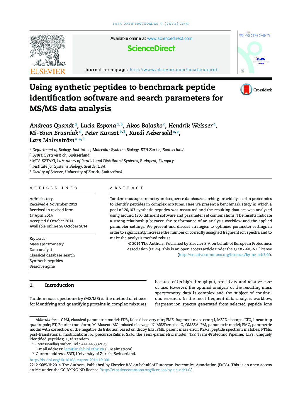 Using synthetic peptides to benchmark peptide identification software and search parameters for MS/MS data analysis
