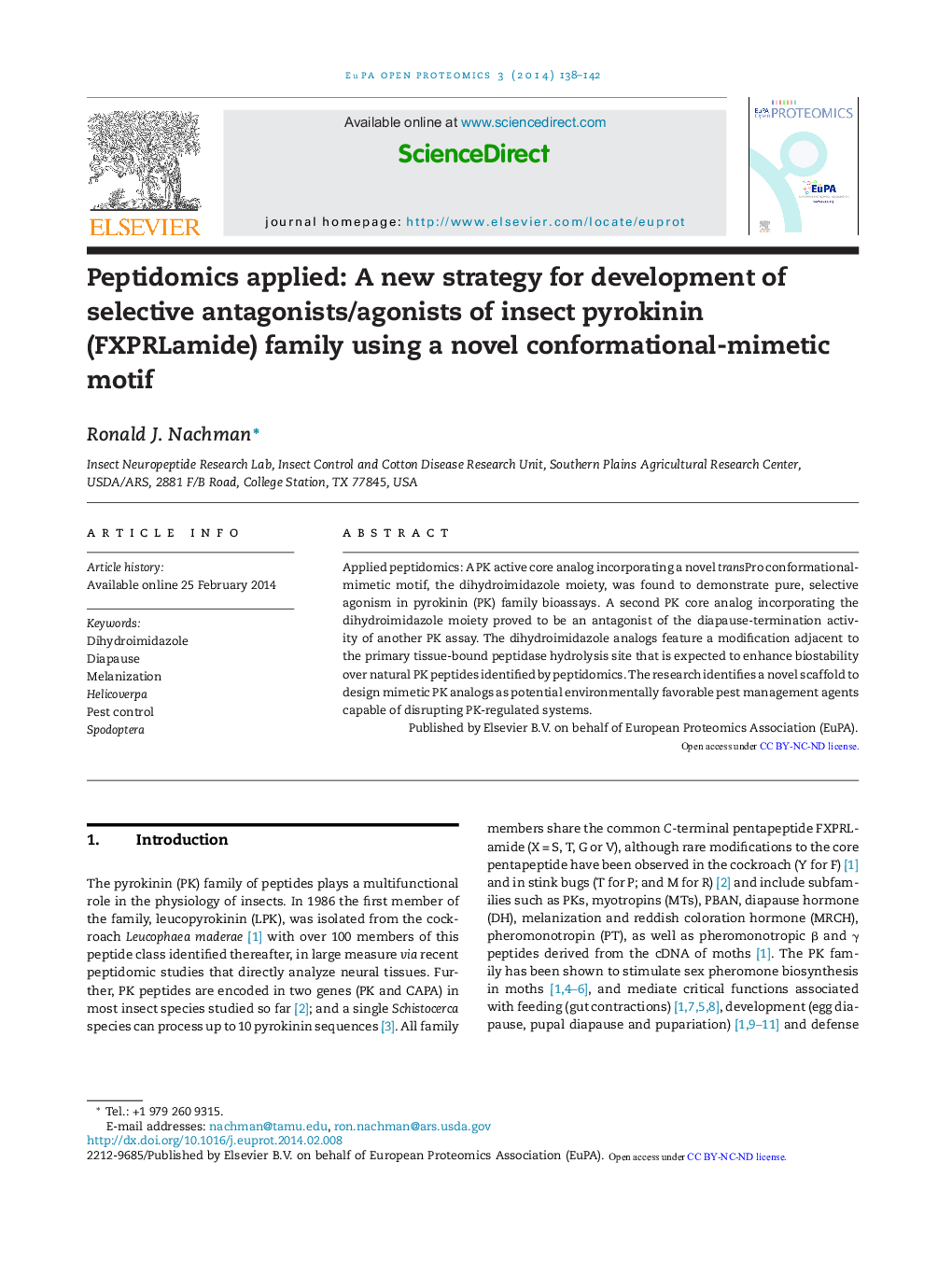 Peptidomics applied: A new strategy for development of selective antagonists/agonists of insect pyrokinin (FXPRLamide) family using a novel conformational-mimetic motif 