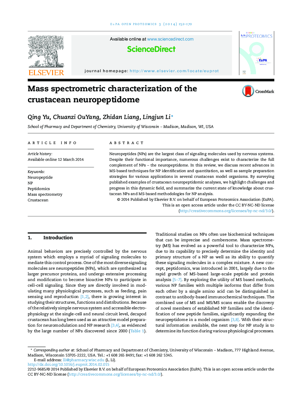 Mass spectrometric characterization of the crustacean neuropeptidome 