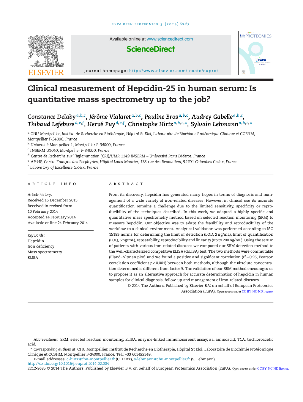 Clinical measurement of Hepcidin-25 in human serum: Is quantitative mass spectrometry up to the job? 