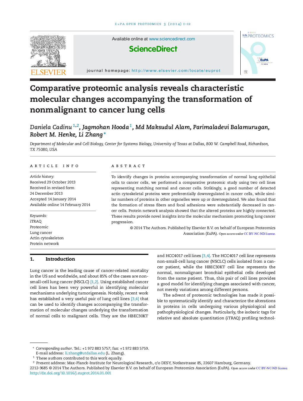 Comparative proteomic analysis reveals characteristic molecular changes accompanying the transformation of nonmalignant to cancer lung cells 