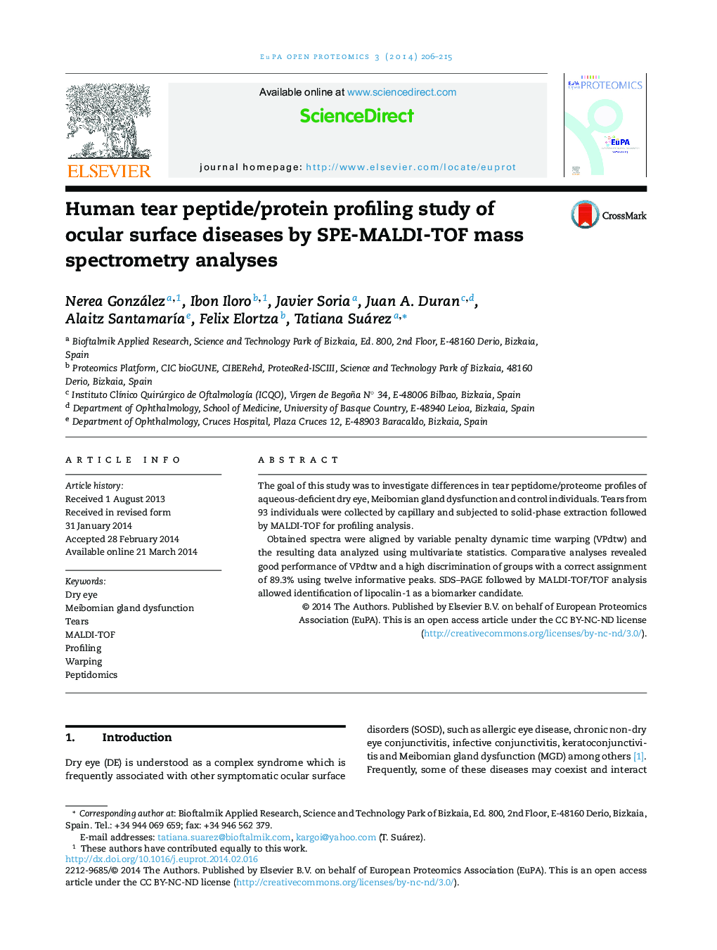 Human tear peptide/protein profiling study of ocular surface diseases by SPE-MALDI-TOF mass spectrometry analyses 