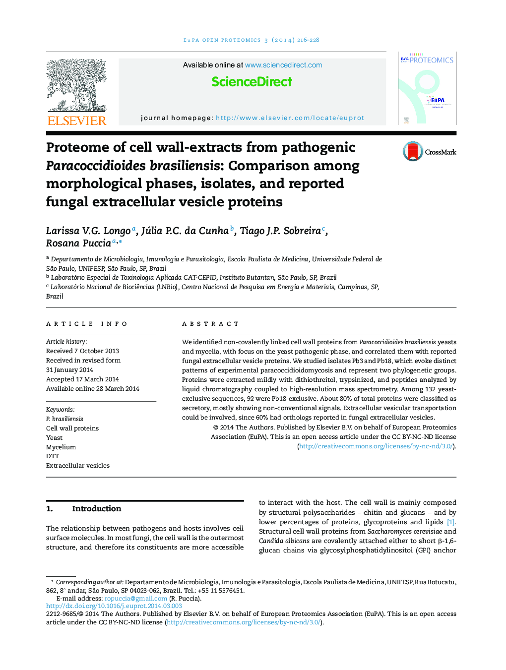 Proteome of cell wall-extracts from pathogenic Paracoccidioides brasiliensis: Comparison among morphological phases, isolates, and reported fungal extracellular vesicle proteins 