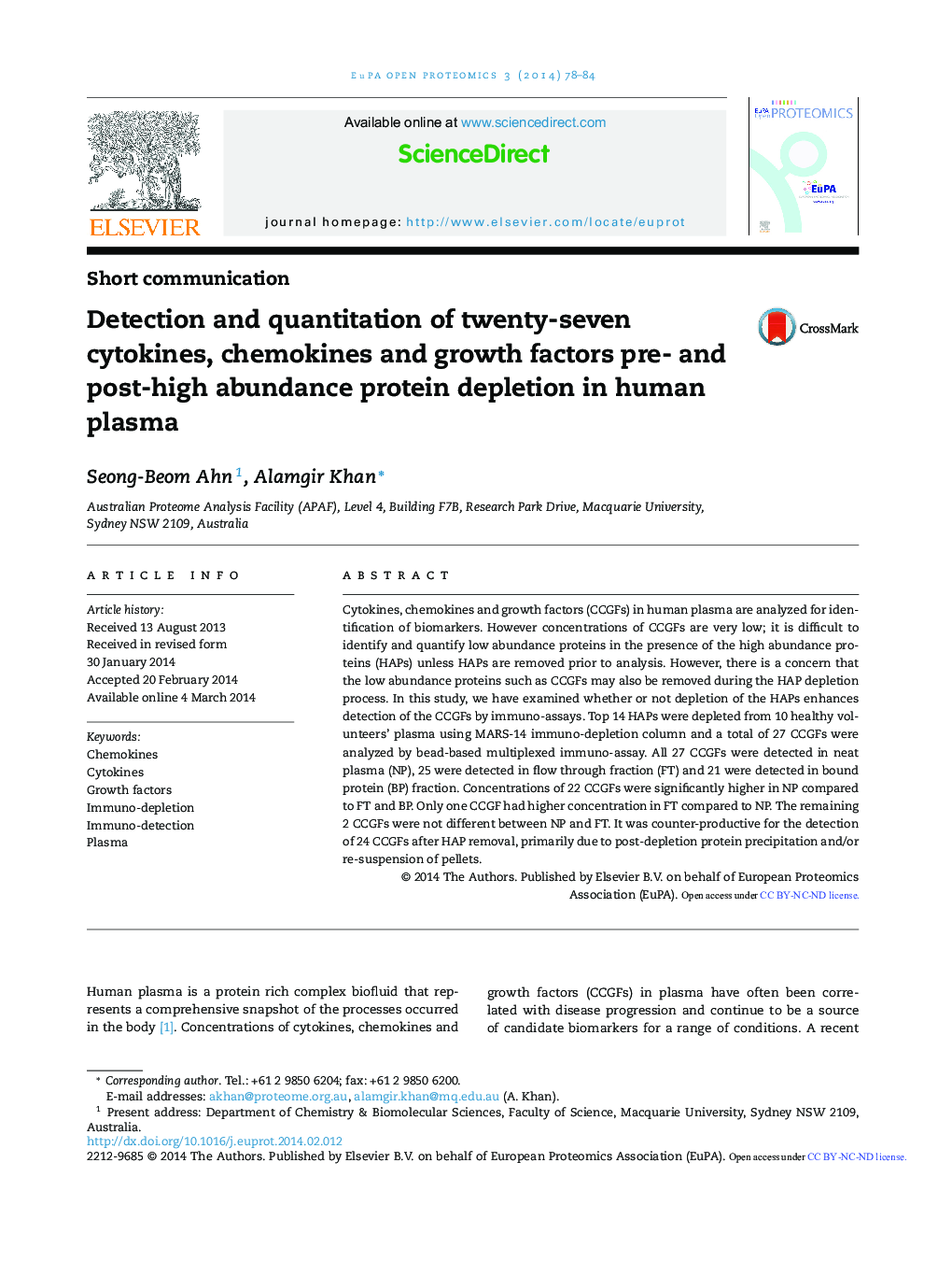 Detection and quantitation of twenty-seven cytokines, chemokines and growth factors pre- and post-high abundance protein depletion in human plasma 