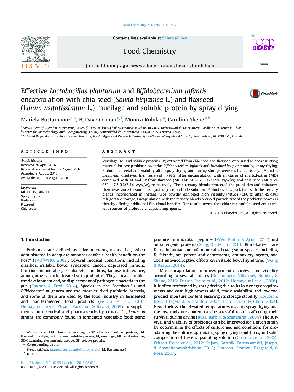 Effective Lactobacillus plantarum and Bifidobacterium infantis encapsulation with chia seed (Salvia hispanica L.) and flaxseed (Linum usitatissimum L.) mucilage and soluble protein by spray drying