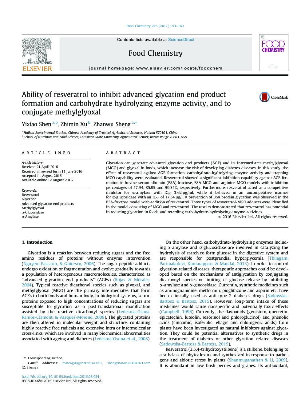 Ability of resveratrol to inhibit advanced glycation end product formation and carbohydrate-hydrolyzing enzyme activity, and to conjugate methylglyoxal