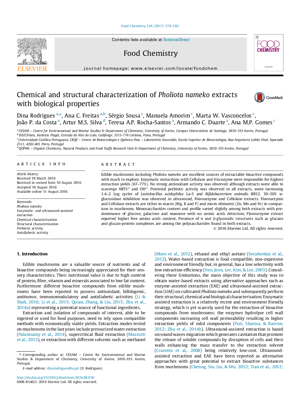 Chemical and structural characterization of Pholiota nameko extracts with biological properties