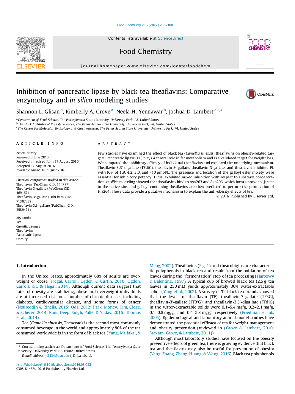 Inhibition of pancreatic lipase by black tea theaflavins: Comparative enzymology and in silico modeling studies