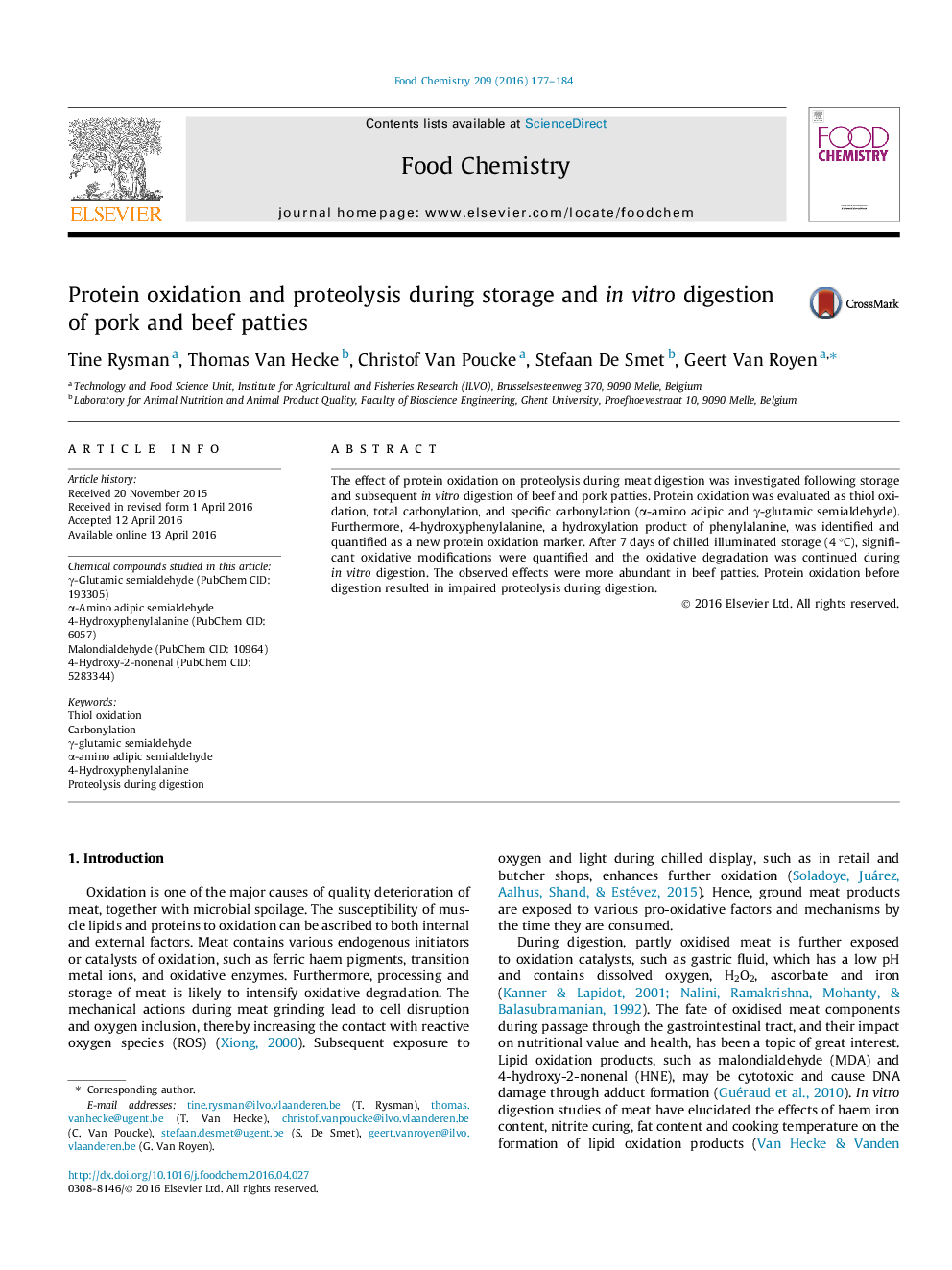 Protein oxidation and proteolysis during storage and in vitro digestion of pork and beef patties