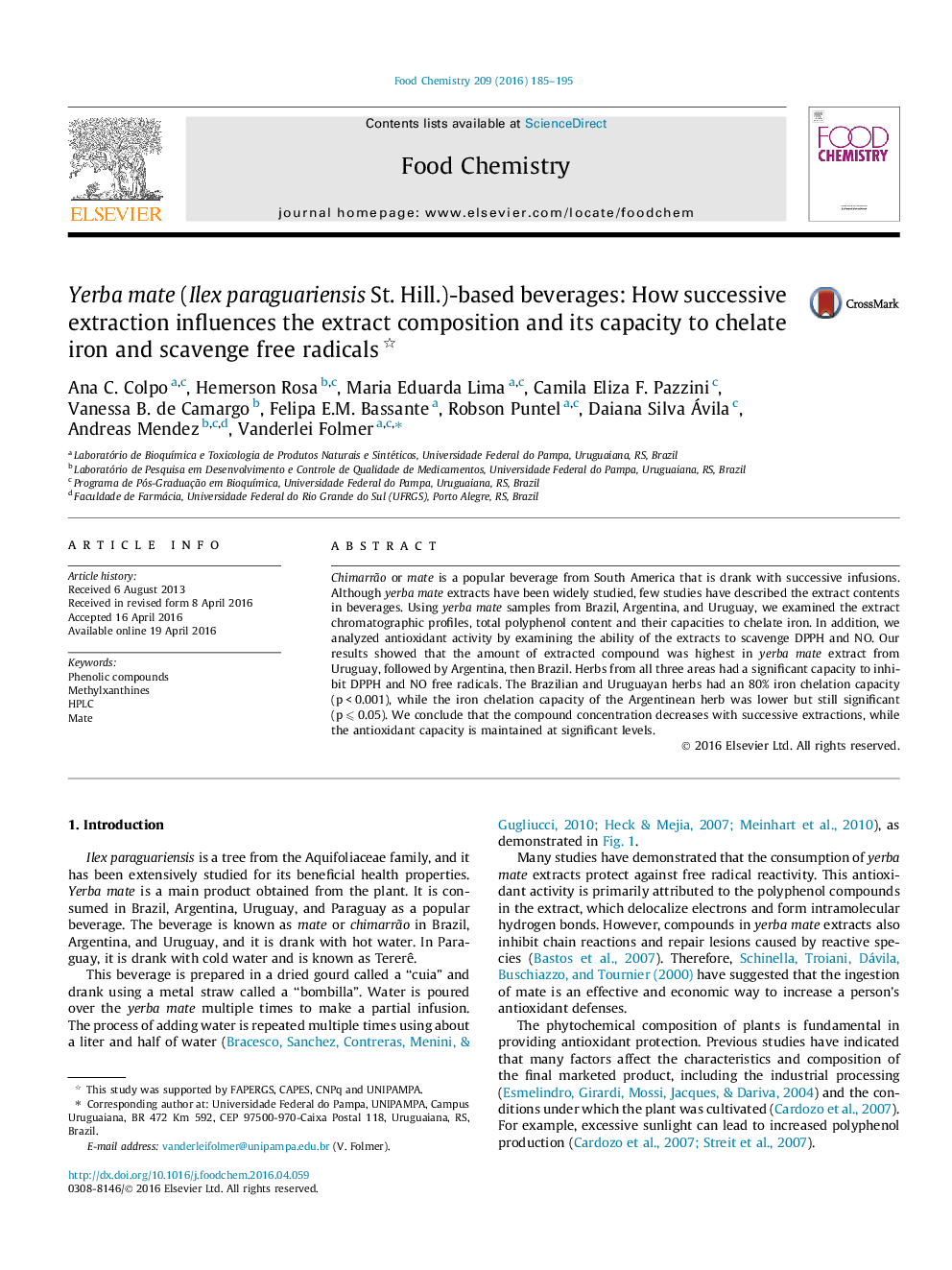 Yerba mate (Ilex paraguariensis St. Hill.)-based beverages: How successive extraction influences the extract composition and its capacity to chelate iron and scavenge free radicals 