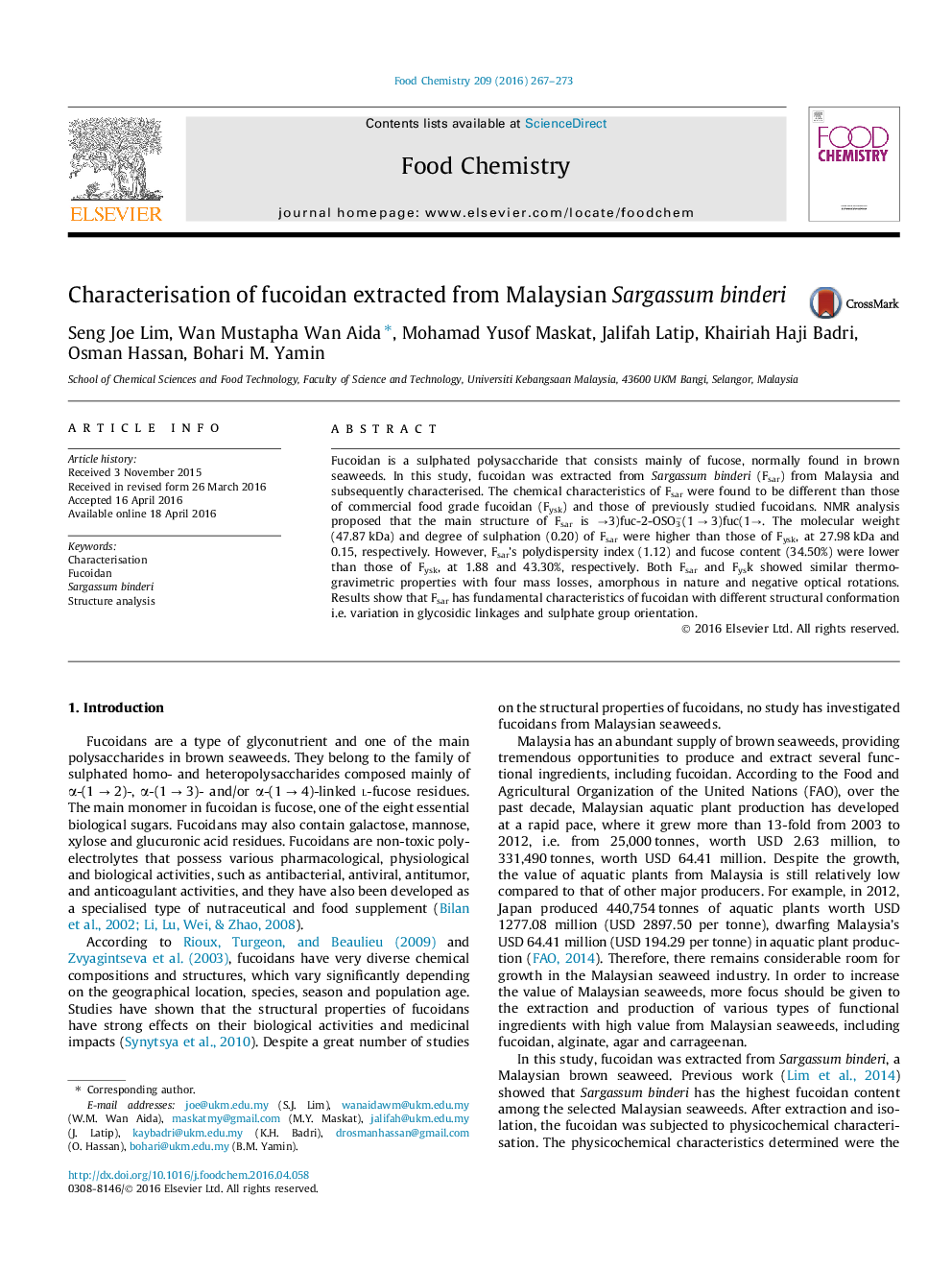 Characterisation of fucoidan extracted from Malaysian Sargassum binderi