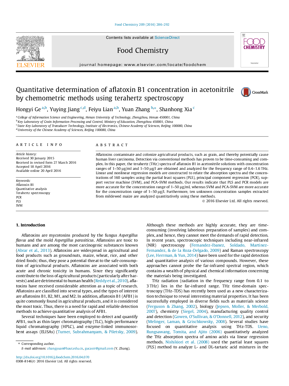 عکس صفحه اول مقاله: Quantitative determination of aflatoxin B1 concentration in acetonitrile by chemometric methods using terahertz spectroscopy Quantitative determination of aflatoxin B1 concentration in acetonitrile by chemometric methods using terahertz spectroscopy