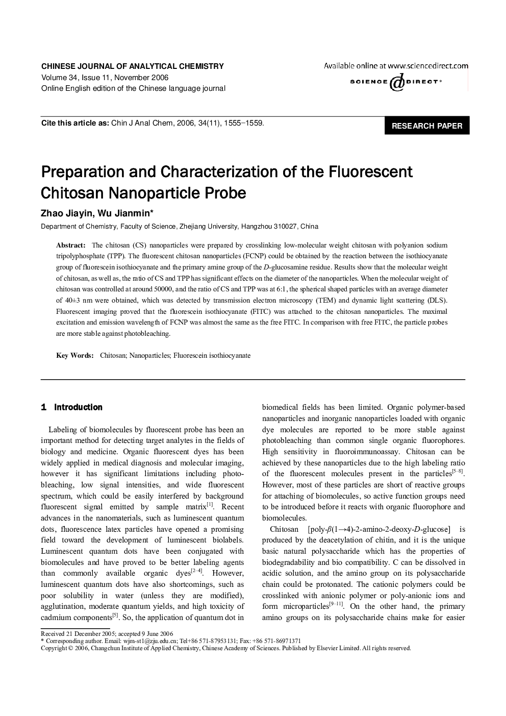 Preparation and Characterization of the Fluorescent Chitosan Nanoparticle Probe