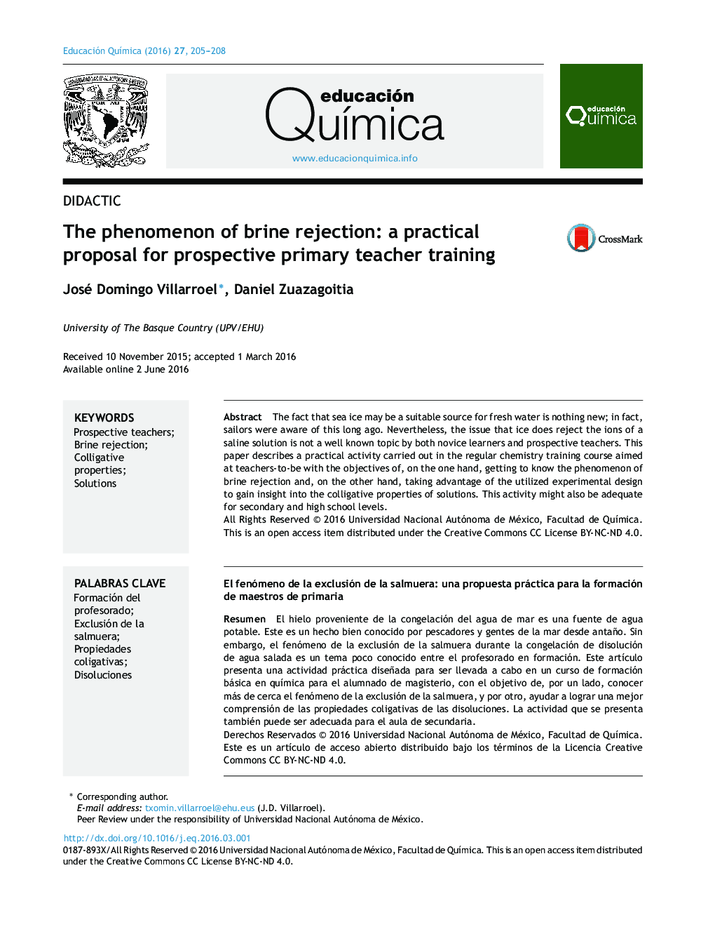The phenomenon of brine rejection: a practical proposal for prospective primary teacher training 