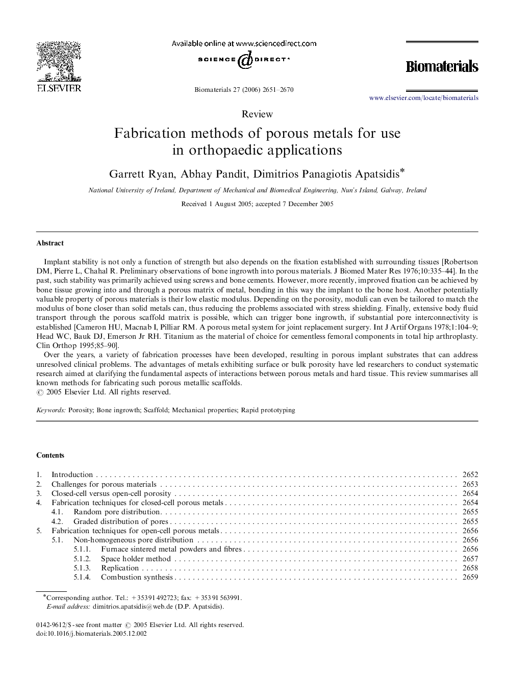 Fabrication methods of porous metals for use in orthopaedic applications