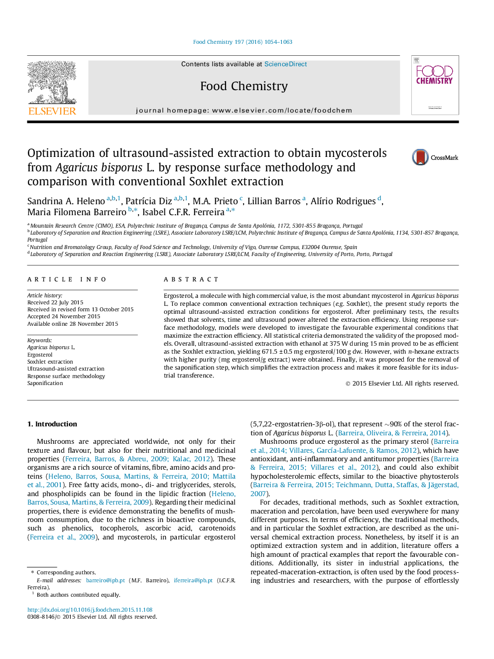 Optimization of ultrasound-assisted extraction to obtain mycosterols from Agaricus bisporus L. by response surface methodology and comparison with conventional Soxhlet extraction