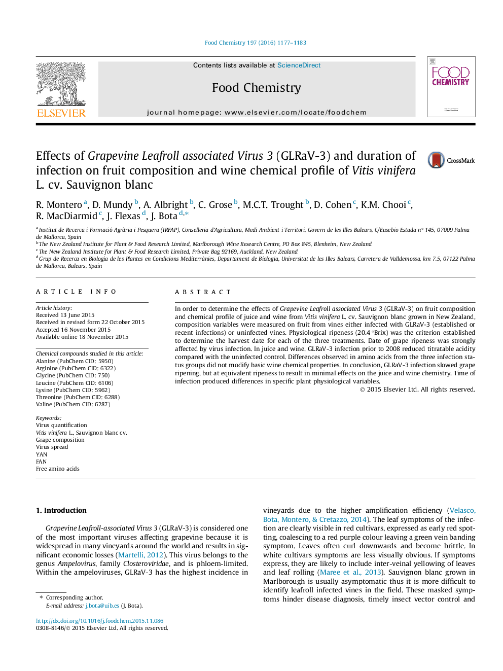 Effects of Grapevine Leafroll associated Virus 3 (GLRaV-3) and duration of infection on fruit composition and wine chemical profile of Vitis vinifera L. cv. Sauvignon blanc