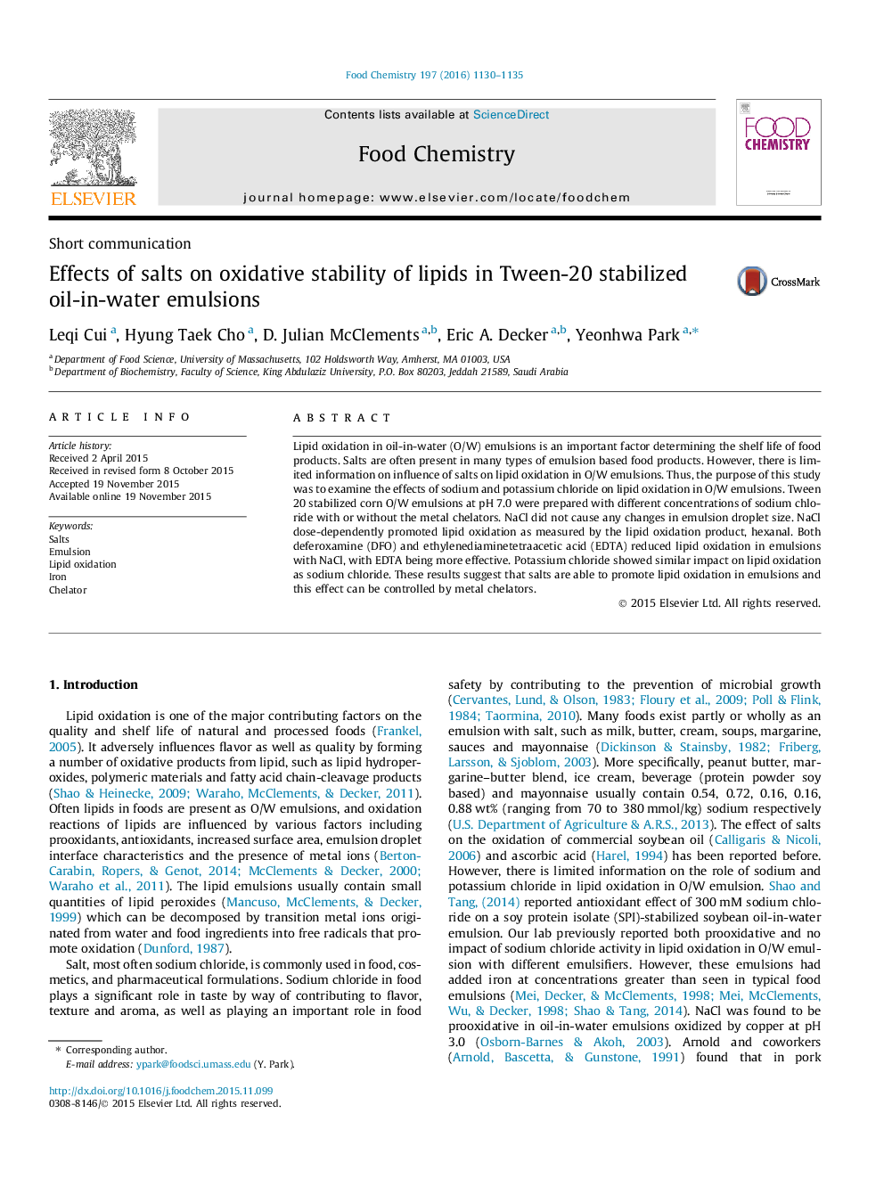 Effects of salts on oxidative stability of lipids in Tween-20 stabilized oil-in-water emulsions