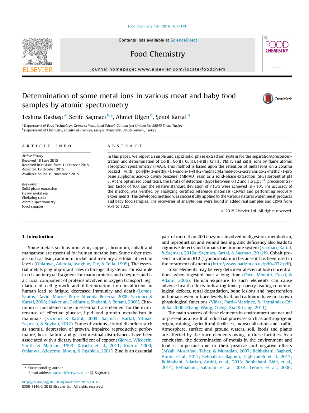 Determination of some metal ions in various meat and baby food samples by atomic spectrometry