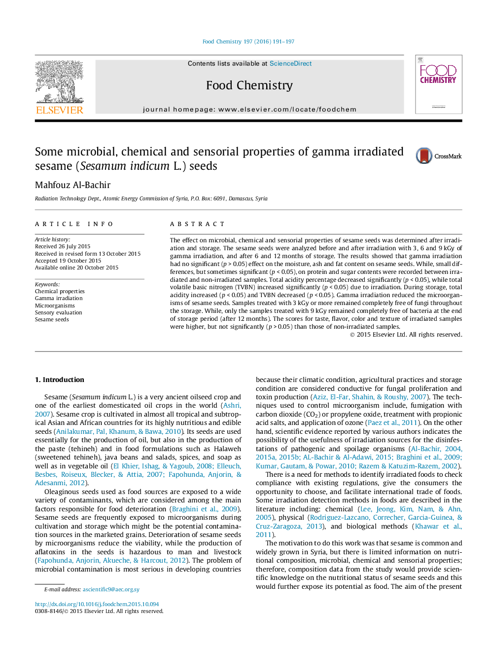 Some microbial, chemical and sensorial properties of gamma irradiated sesame (Sesamum indicum L.) seeds