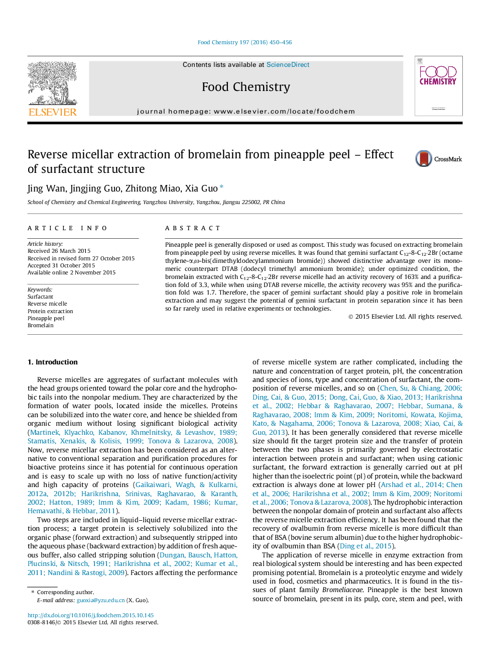 Reverse micellar extraction of bromelain from pineapple peel – Effect of surfactant structure